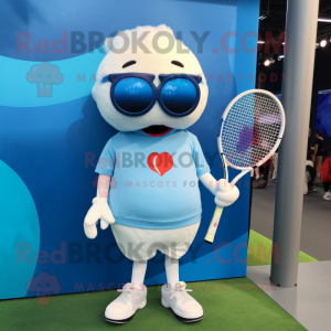 Sky Blue Tennis Racket mascot costume character dressed with a T-Shirt and Sunglasses