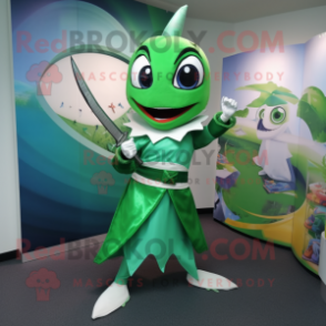 Green Swordfish mascot costume character dressed with a A-Line Skirt and Anklets