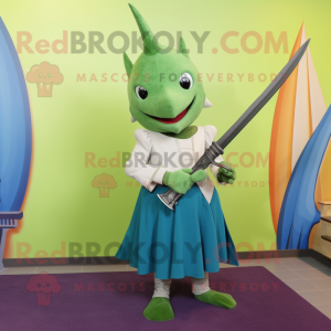 Green Swordfish mascot costume character dressed with a A-Line Skirt and Anklets