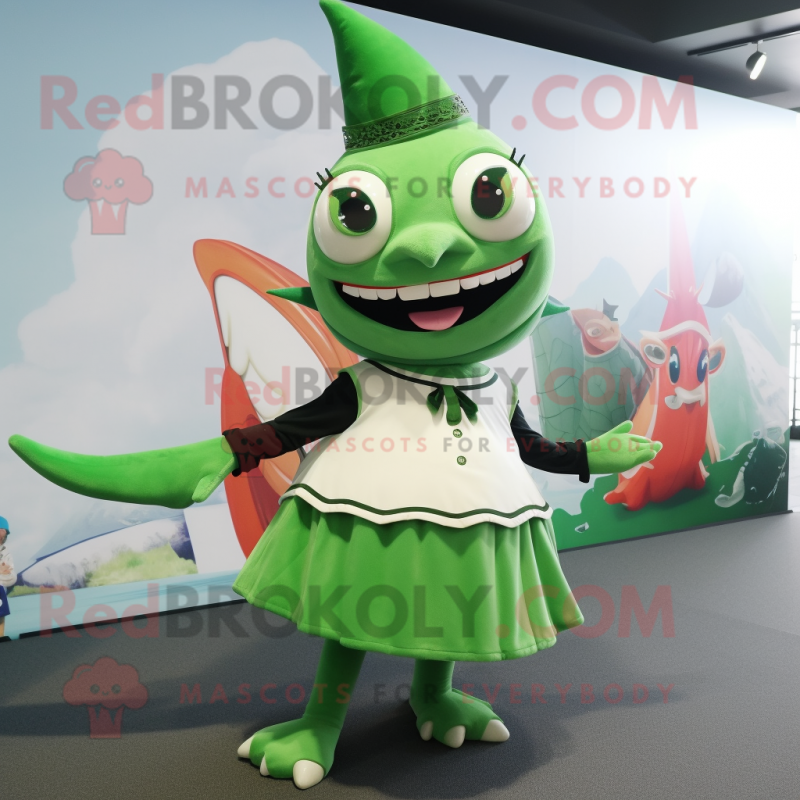 Green Swordfish mascot costume character dressed with a A-Line Skirt and Anklets