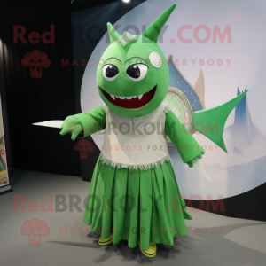 Green Swordfish mascot costume character dressed with a A-Line Skirt and Anklets