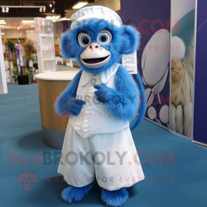Blue Monkey mascot costume character dressed with a Wedding Dress and Rings