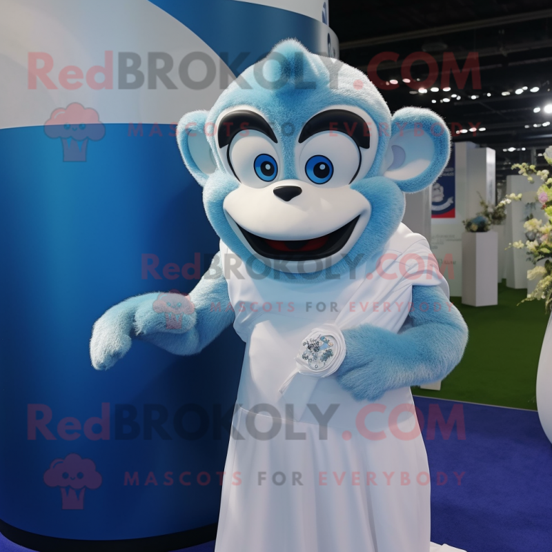 Blue Monkey mascot costume character dressed with a Wedding Dress and Rings