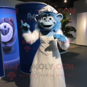 Blue Monkey mascot costume character dressed with a Wedding Dress and Rings