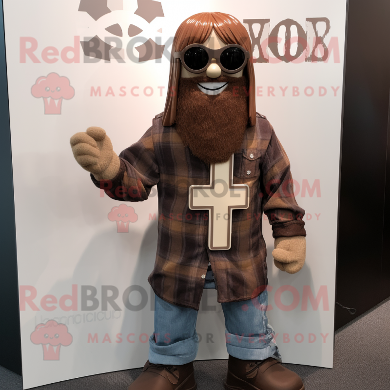 Brown Celtic Cross mascot costume character dressed with a Flare Jeans and Sunglasses