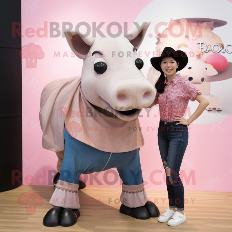 Peach Tapir mascot costume character dressed with a Boyfriend Jeans and Shoe clips Peach Tapir mascot costume character dressed with a Boyfriend Jeans and Shoe clips