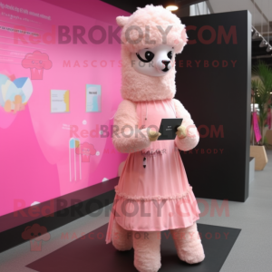 Pink Alpaca mascot costume character dressed with a Empire Waist Dress and Wallets