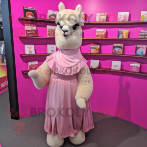 Pink Alpaca mascot costume character dressed with a Empire Waist Dress and Wallets