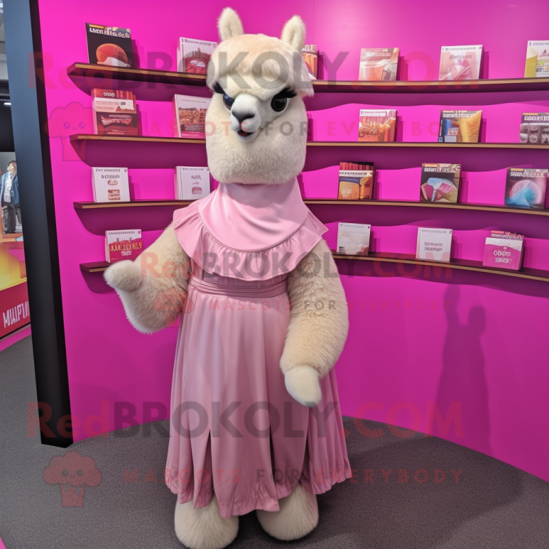 Pink Alpaca mascot costume character dressed with a Empire Waist Dress and Wallets Pink Alpaca mascot costume character dressed with a Empire Waist Dress and Wallets