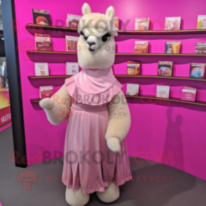 Pink Alpaca mascot costume character dressed with a Empire Waist Dress and Wallets