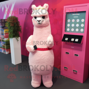 Pink Alpaca mascot costume character dressed with a Empire Waist Dress and Wallets