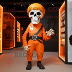 Orange Skull mascot costume character dressed with a Sheath Dress and Belts