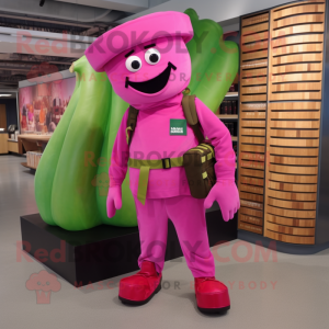 Magenta Celery mascot costume character dressed with a Cargo Pants and Messenger bags