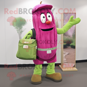 Magenta Celery mascot costume character dressed with a Cargo Pants and Messenger bags