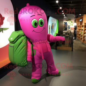 Magenta Celery mascot costume character dressed with a Cargo Pants and Messenger bags