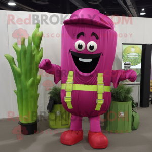 Magenta Celery mascot costume character dressed with a Cargo Pants and Messenger bags