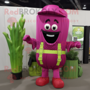 Magenta Celery mascot costume character dressed with a Cargo Pants and Messenger bags