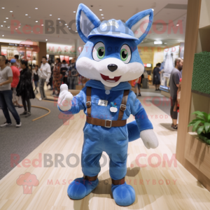 Blue Fox mascot costume character dressed with a Overalls and Handbags