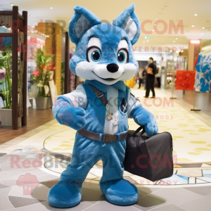 Blue Fox mascot costume character dressed with a Overalls and Handbags