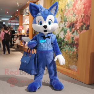 Blue Fox mascot costume character dressed with a Overalls and Handbags