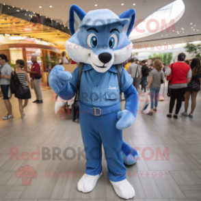 Blue Fox mascot costume character dressed with a Overalls and Handbags