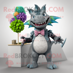Gray Stegosaurus mascot costume character dressed with a Bermuda Shorts and Bow ties