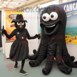 Black Fried Calamari mascot costume character dressed with a Capri Pants and Shoe clips