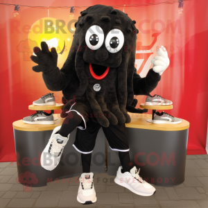 Black Fried Calamari mascot costume character dressed with a Capri Pants and Shoe clips