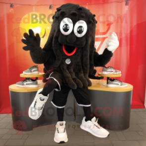 Black Fried Calamari mascot costume character dressed with a Capri Pants and Shoe clips