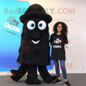 Black Fried Calamari mascot costume character dressed with a Capri Pants and Shoe clips