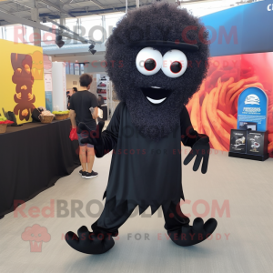 Black Fried Calamari mascot costume character dressed with a Capri Pants and Shoe clips