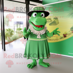 Green Crocodile mascot costume character dressed with a A-Line Skirt and Hats