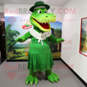 Green Crocodile mascot costume character dressed with a A-Line Skirt and Hats