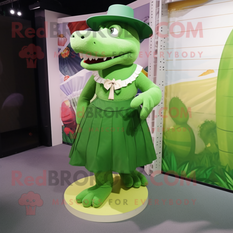 Green Crocodile mascot costume character dressed with a A-Line Skirt and Hats