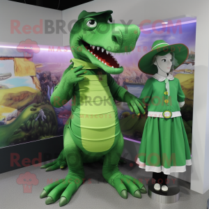 Green Crocodile mascot costume character dressed with a A-Line Skirt and Hats