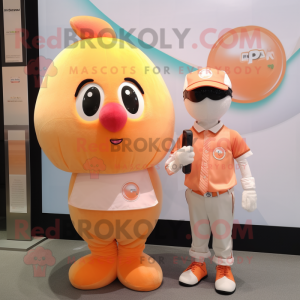 Peach Ice mascot costume character dressed with a Polo Tee and Smartwatches