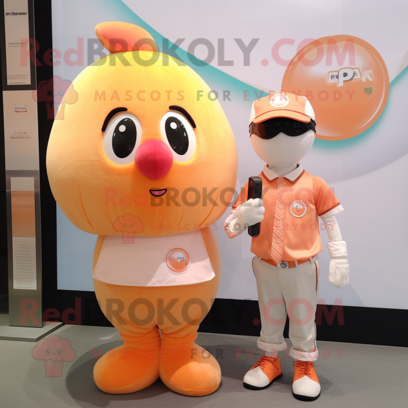 Peach Ice mascot costume character dressed with a Polo Tee and Smartwatches Peach Ice mascot costume character dressed with a Polo Tee and Smartwatches