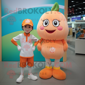 Peach Ice mascot costume character dressed with a Polo Tee and Smartwatches