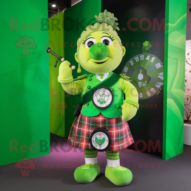Lime Green Bagpipe mascot costume character dressed with a Shorts and Watches Lime Green Bagpipe mascot costume character dressed with a Shorts and Watches