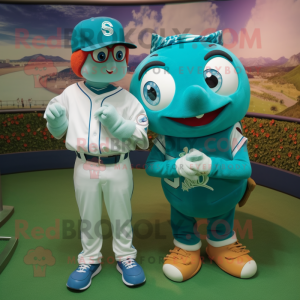 Turquoise Fish And Chips mascot costume character dressed with a Baseball Tee and Digital watches