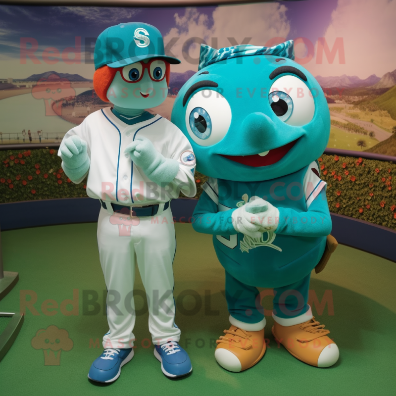 Turquoise Fish And Chips mascot costume character dressed with a Baseball Tee and Digital watches Turquoise Fish And Chips mascot costume character dressed with a Baseball Tee and Digital watches