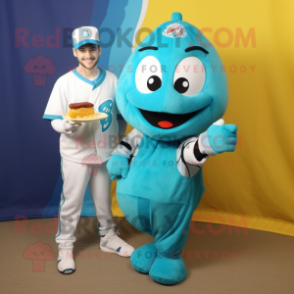 Turquoise Fish And Chips mascot costume character dressed with a Baseball Tee and Digital watches