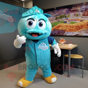 Turquoise Fish And Chips mascot costume character dressed with a Baseball Tee and Digital watches