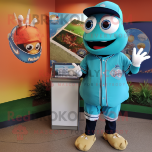 Turquoise Fish And Chips mascot costume character dressed with a Baseball Tee and Digital watches