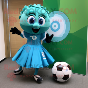 Teal Soccer Ball mascot costume character dressed with a Wrap Skirt and Clutch bags