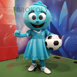 Teal Soccer Ball mascot costume character dressed with a Wrap Skirt and Clutch bags