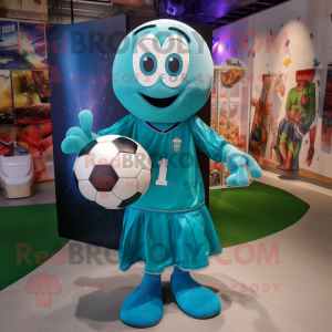 Teal Soccer Ball mascot costume character dressed with a Wrap Skirt and Clutch bags