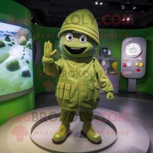 Olive Soldier mascot costume character dressed with a Raincoat and Foot pads