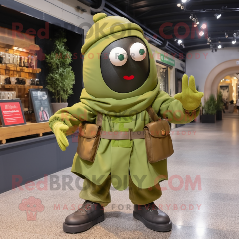 Olive Soldier mascot costume character dressed with a Raincoat and Foot pads