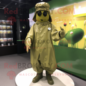 Olive Soldier mascot costume character dressed with a Raincoat and Foot pads